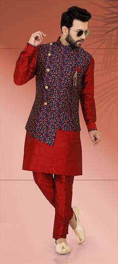 Red and Maroon color Kurta Pyjama with Jacket in Art Silk fabric with Floral, Printed work : 1777051