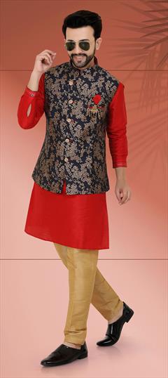 Red and Maroon color Kurta Pyjama with Jacket in Art Silk fabric with Floral, Printed work : 1777052
