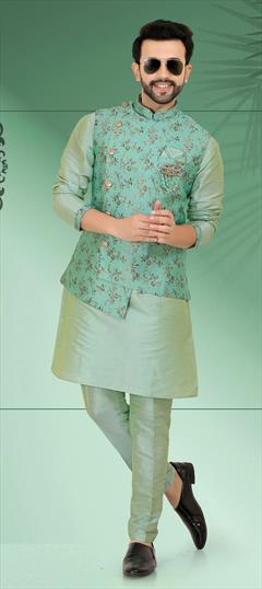 Blue color Kurta Pyjama with Jacket in Art Silk fabric with Floral, Printed work : 1777053
