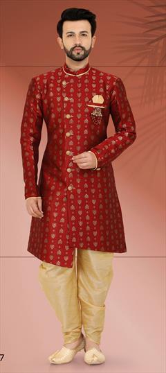 Red and Maroon color IndoWestern Dress in Art Silk fabric with Broches, Weaving work : 1777131