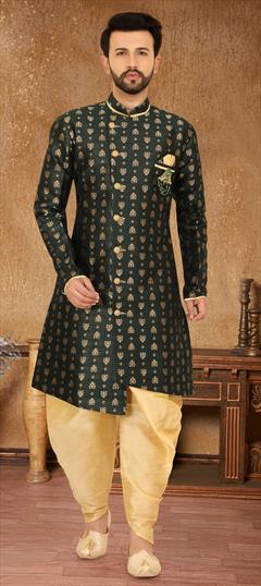 Green color IndoWestern Dress in Art Silk fabric with Broches, Weaving work : 1777134