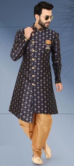 Blue color IndoWestern Dress in Art Silk fabric with Broches, Weaving work : 1777135
