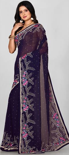 Bridal, Wedding Purple and Violet color Saree in Georgette fabric with Classic Cut Dana, Stone, Thread work : 1777162