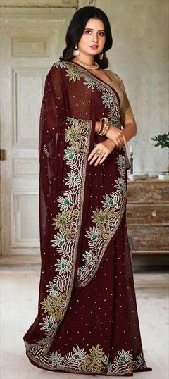 Bridal, Wedding Red and Maroon color Saree in Georgette fabric with Classic Cut Dana, Stone, Thread work : 1777163