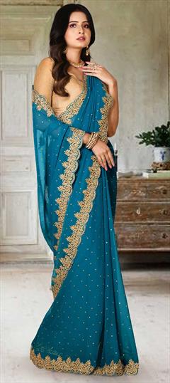 Bridal, Wedding Blue color Saree in Georgette fabric with Classic Cut Dana, Thread work : 1777165