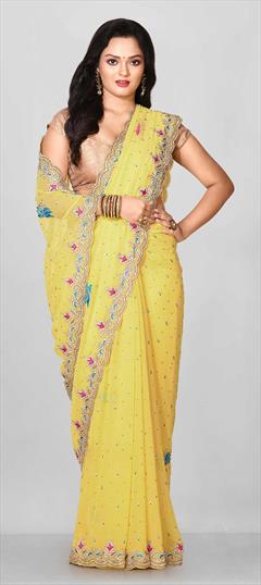 Bridal, Wedding Yellow color Saree in Georgette fabric with Classic Cut Dana, Stone, Thread work : 1777174