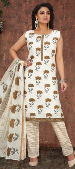 Party Wear White and Off White color Salwar Kameez in Cotton fabric with Straight Printed work : 1777297
