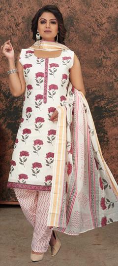 Party Wear White and Off White color Salwar Kameez in Cotton fabric with Straight Printed work : 1777300