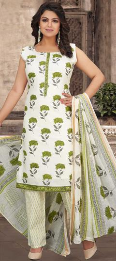 Party Wear White and Off White color Salwar Kameez in Cotton fabric with Straight Printed work : 1777301
