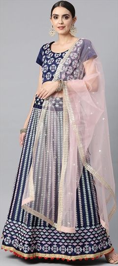 Festive Blue color Lehenga in Satin Silk fabric with A Line Embroidered work : 1777654