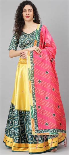 Festive, Mehendi Sangeet Yellow color Lehenga in Art Silk, Silk fabric with A Line Bandhej, Digital Print work : 1777671