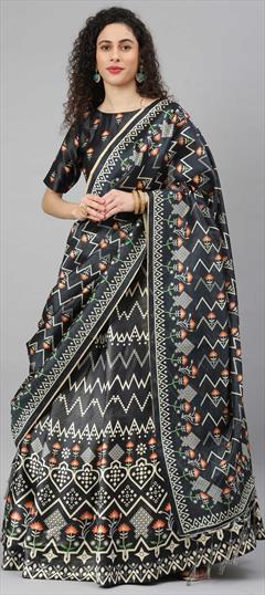 Festive, Mehendi Sangeet Black and Grey color Lehenga in Art Silk, Silk fabric with A Line Digital Print work : 1777675