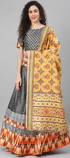 Festive, Mehendi Sangeet Black and Grey color Lehenga in Art Silk, Silk fabric with A Line Digital Print work : 1777677