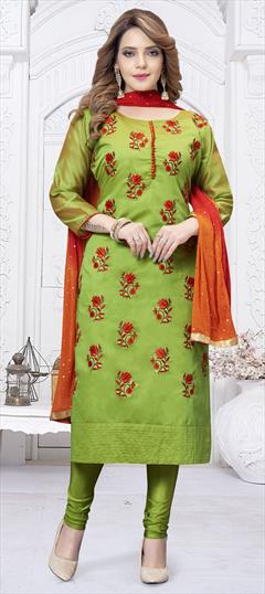 Festive, Party Wear Green color Salwar Kameez in Chanderi Silk fabric with Churidar Embroidered, Resham, Thread work : 1777701