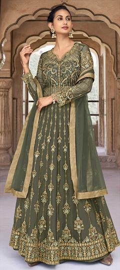 Engagement, Party Wear, Reception Green color Long Lehenga Choli in Net fabric with Embroidered, Resham, Stone, Swarovski, Thread work : 1777757