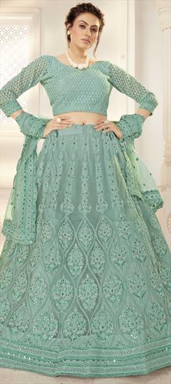 Engagement, Reception Green color Lehenga in Net fabric with A Line Embroidered, Sequence, Thread work : 1777980