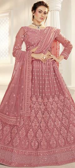 Engagement, Reception Pink and Majenta color Lehenga in Net fabric with A Line Embroidered, Sequence, Thread work : 1777981