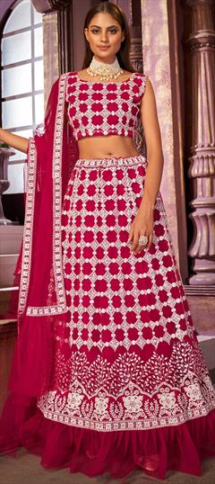 Festive, Reception, Wedding Pink and Majenta color Lehenga in Net fabric with A Line Embroidered, Resham, Sequence, Thread work : 1777985