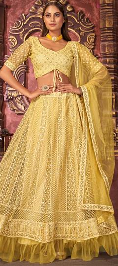 Festive, Reception, Wedding Yellow color Lehenga in Net fabric with Embroidered, Resham, Sequence, Thread work : 1777986