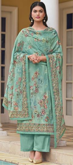 Festive, Party Wear Blue color Salwar Kameez in Satin Silk fabric with A Line Digital Print, Embroidered, Floral, Resham, Sequence work : 1778115