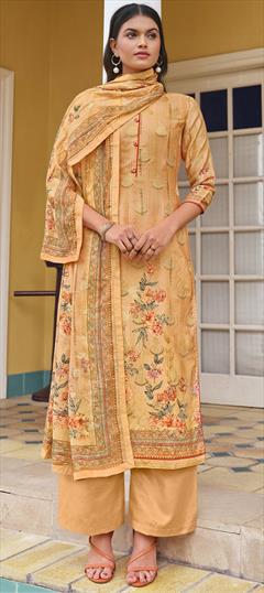 Festive, Party Wear Beige and Brown color Salwar Kameez in Satin Silk fabric with A Line Digital Print, Embroidered, Floral, Resham, Sequence work : 1778118