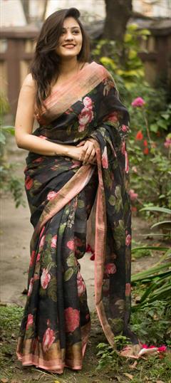 Casual, Traditional Black and Grey color Saree in Cotton fabric with Bengali Floral, Printed work : 1778135