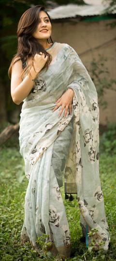 Casual, Traditional Blue color Saree in Cotton fabric with Bengali Floral, Printed work : 1778139