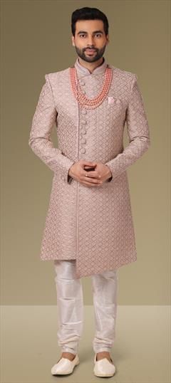 Pink and Majenta color Sherwani in Banarasi Silk fabric with Embroidered, Thread work : 1778172