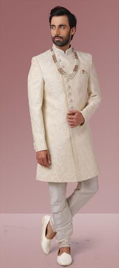 Beige and Brown color Sherwani in Banarasi Silk fabric with Embroidered, Thread work : 1778173