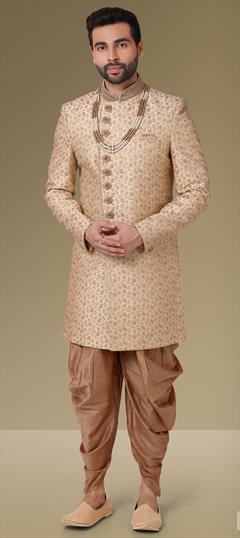 Beige and Brown color Sherwani in Banarasi Silk fabric with Embroidered, Thread work : 1778175