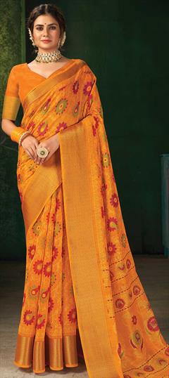Traditional Yellow color Saree in Cotton fabric with Bengali Printed work : 1778212