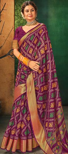 Traditional Purple and Violet color Saree in Cotton fabric with Bengali Printed work : 1778214