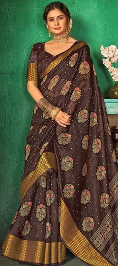 Traditional Beige and Brown color Saree in Cotton fabric with Bengali Printed work : 1778217