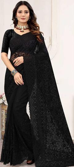 Festive, Party Wear Black and Grey color Saree in Net fabric with Classic Embroidered, Moti, Resham, Stone work : 1778225
