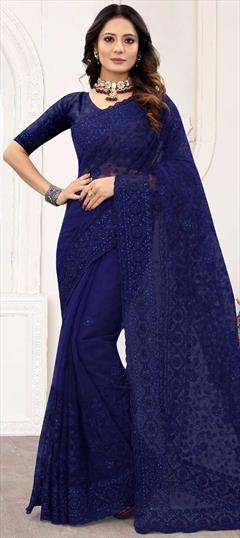 Festive, Party Wear Blue color Saree in Net fabric with Classic Embroidered, Moti, Resham, Stone work : 1778227