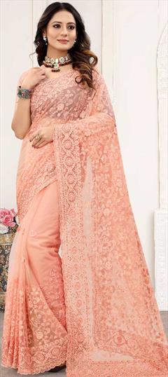 Festive, Party Wear Pink and Majenta color Saree in Net fabric with Classic Embroidered, Moti, Resham, Stone work : 1778228