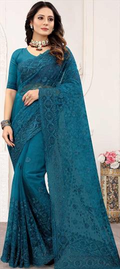 Festive, Party Wear Blue color Saree in Net fabric with Classic Embroidered, Moti, Resham, Stone work : 1778229
