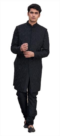 Black and Grey color Sherwani in Silk fabric with Cut Dana, Stone work : 1778312