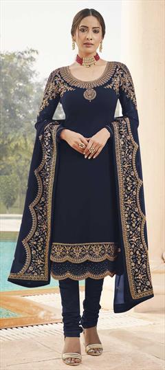 Festive, Party Wear Blue color Salwar Kameez in Georgette fabric with Churidar, Straight Embroidered, Lace, Stone, Thread work : 1778549