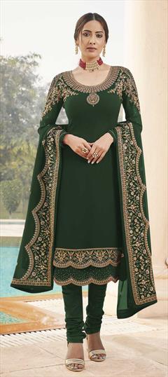 Festive, Party Wear Green color Salwar Kameez in Georgette fabric with Churidar, Straight Embroidered, Lace, Stone, Thread work : 1778551