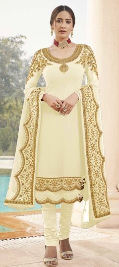 Festive, Party Wear White and Off White color Salwar Kameez in Georgette fabric with Churidar, Straight Embroidered, Lace, Stone, Thread work : 1778553
