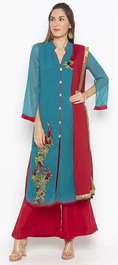Festive, Party Wear Blue color Salwar Kameez in Georgette fabric with Palazzo Embroidered, Patch, Thread work : 1778686