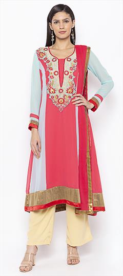 Festive, Party Wear Pink and Majenta color Tunic with Bottom in Georgette fabric with A Line Embroidered, Patch, Resham, Zari work : 1778693
