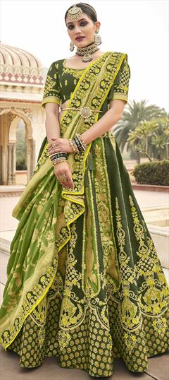 Reception, Wedding Green color Lehenga in Silk fabric with A Line Border, Embroidered, Printed, Resham, Stone, Thread, Weaving, Zari work : 1778799