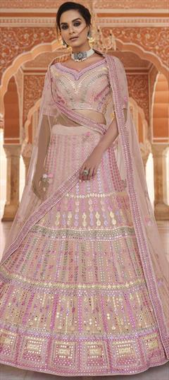 Mehendi Sangeet, Wedding Pink and Majenta color Lehenga in Organza Silk fabric with A Line Gota Patti, Thread work : 1778819