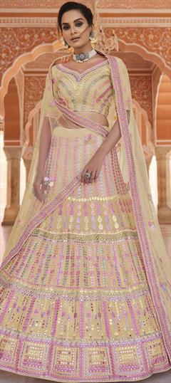 Mehendi Sangeet, Wedding Yellow color Lehenga in Organza Silk fabric with A Line Gota Patti, Thread work : 1778821