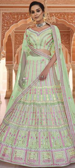 Mehendi Sangeet, Wedding Green color Lehenga in Organza Silk fabric with A Line Gota Patti, Thread work : 1778823