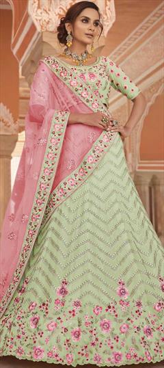 Mehendi Sangeet, Wedding Green color Lehenga in Georgette fabric with A Line Thread, Zari, Zircon work : 1778825