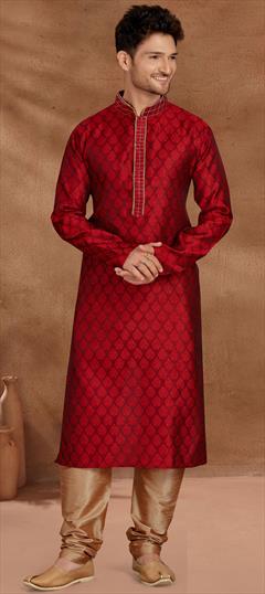 Red and Maroon color Kurta Pyjamas in Jacquard fabric with Lace, Weaving work : 1778828