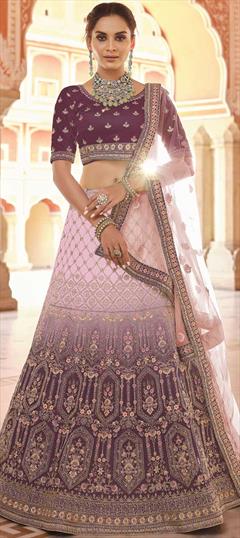 Mehendi Sangeet, Wedding Purple and Violet color Lehenga in Velvet fabric with A Line Stone, Thread, Zircon work : 1778834